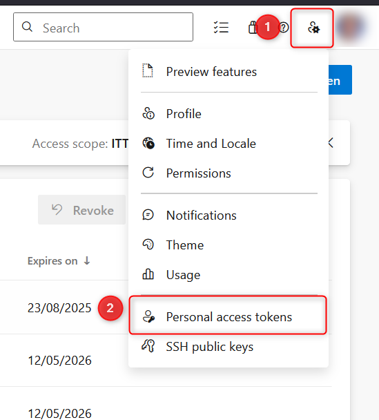 Shows how to start creating a PAT in Azure DevOps