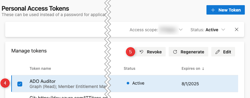 Shows how to revoke an existing PAT
